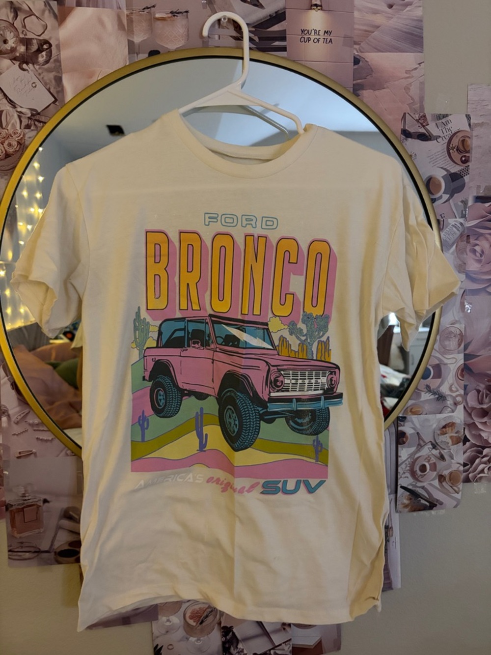 Ford Cream Tee with Pink Bronco and Teal Accents